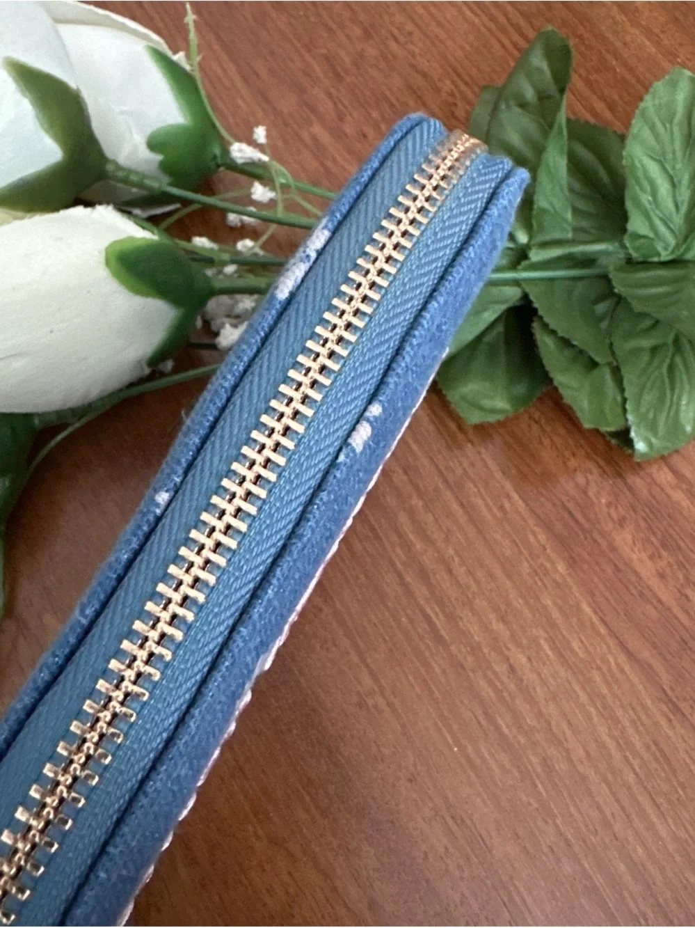 Juicy Couture Denim Blue Daisy Zip-Around Wallet with Pink Logo